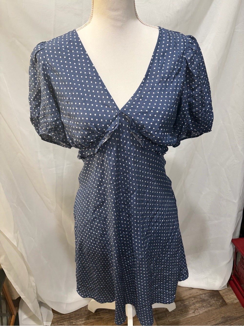 Madewell Navy Polka Dot V-Neck Puff Sleeve Dress